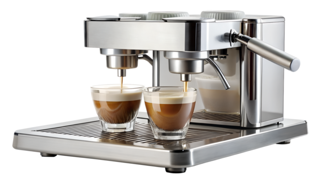 Closeup of a modern espresso machine pouring coffee into two glass cups, isolated on transparent background, showcasing its sleek design and functionality