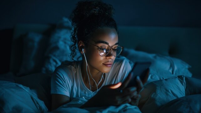 technology internet communication and people concept  young african american woman with smartphone and earphones listening to music in bed at home at night no logos no brands ar 169 - Powered by Adobe