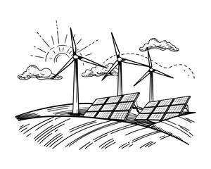 3d wind turbines and solar panels in fields sketch jpg