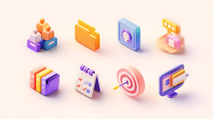 A vibrant isometric collection of stylized digital icons representing various business and organizational concepts, rendered with a soft gradient palette.