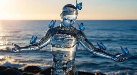 Glass figure of a man against the background of the ocean with blue butterflies. Contemporary art. Generative AI