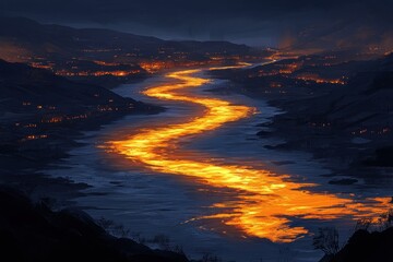 Fototapeta premium River of Fire Glowing Light Streaks Through Dark Mountain Valleys and on transparent background