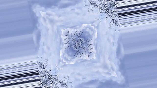 video abstracto de movimiento de cielo combinado con ramas de arboles  y diagonales en colores azul y blanco