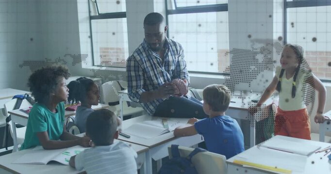 Teacher turning brain model in classroom, showing animated lobes while students sketching outlines