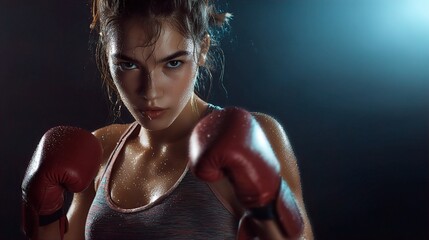 Intense Female Boxer in a Fighting Stance, Drenched in Sweat and Wearing Red Gloves, Focused Under Dramatic Studio Lighting