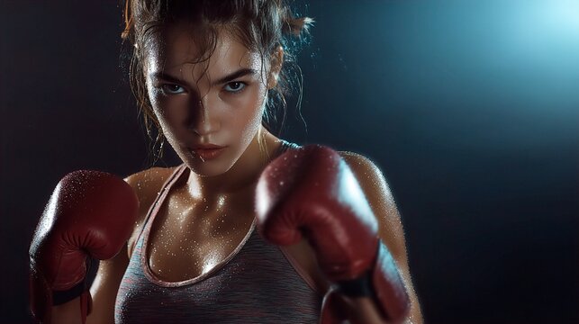 Intense Female Boxer in a Fighting Stance, Drenched in Sweat and Wearing Red Gloves, Focused Under Dramatic Studio Lighting - Powered by Adobe