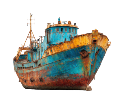 Abandoned rusty shipwreck coastal area marine overcast sky side view isolated on transparent background, png