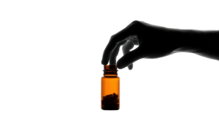Hand picking medicine bottle pharmacy health care content bright environment isolated on transparent background, png