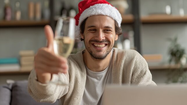 happy young man wears santa hat drinking champagne talking meeting friends on virtual zoom video call celebrate new year party in holiday distance online conference chat together on computer at home 