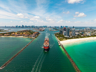 Cargo business. Container ship. Shipping logistics. Commercial shipping. Cargo ship in sea, aerial...