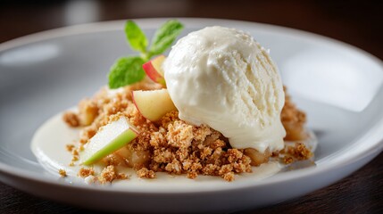 Apple crumble plated with modern minimalist dessert aesthetic