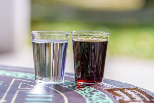 Two traditional Hungarian drinks - clear p&aacute;linka and dark herbal liqueur in shot glasses on park table, sunlit with bokeh background. Budapest, Hungary.

