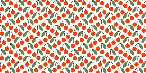 Seamless pattern with red cherries, green leaves. Cute simple endless background, wallpaper. 
