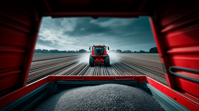 Red tractor spreading seeds on a freshly plowed field viewed from the back of a grain trailer under a dramatic cloudy sky