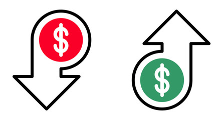 down and growth dollar money icon