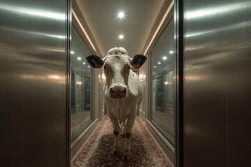 Holstein cow standing in elegant hotel hallway with mirrors and ceiling lights