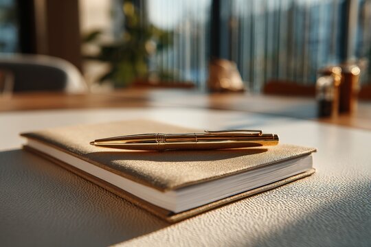 Luxurious gold pen resting on closed fabric notebook in warm sunlit office