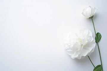White peony bloom with bud and leaves on minimal bright background