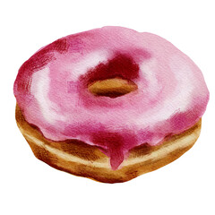 Watercolor pink donut illustration with glaze, without sprinkles, sweet dessert food art print, digital painting for kitchen wall decor and bakery design