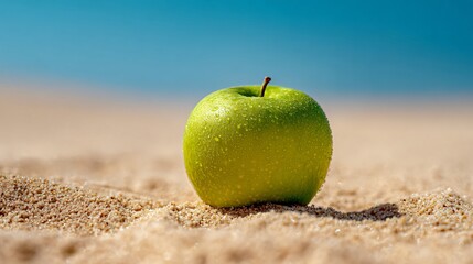 Negative space around a green apple on a sandy backdrop