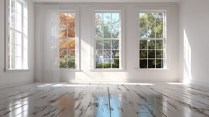 Fototapeta premium Sunlit Empty Room with Large Windows Overlooking Autumn Landscape
