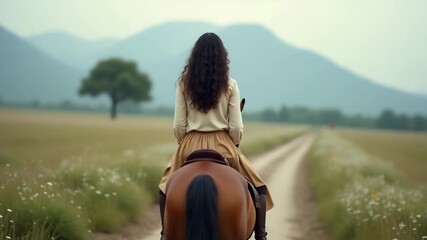 Girl riding horse under clear blue sky