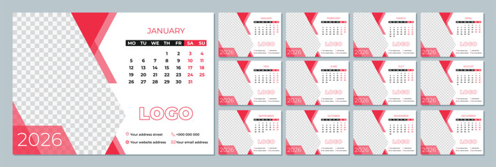 2026 calendar template. Corporate and business calendar.  The week starts on Monday. Set of 12 calendar pages.