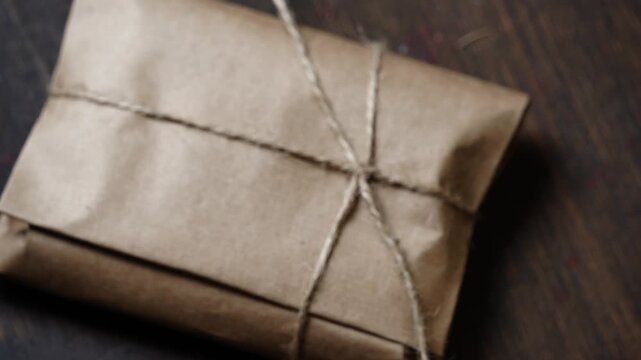 Top-Down Tying Knot on Leather Wallet Wrapped in Kraft Paper with Jute Twine