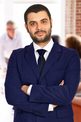 Portrait showcasing a confident businessman in a professional office environment, exuding authority, competence, and leadership qualities. Ideal for representing corporate cultures, executive roles, o