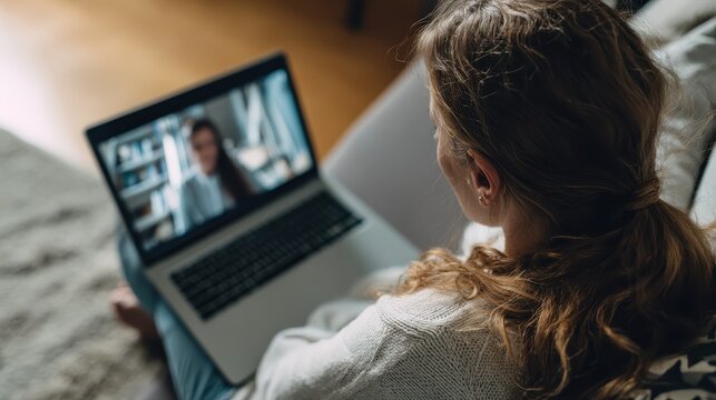 high angle view of video conference with teacher on laptop at home top view of girl in video call with personal tutor on computer listening audio course distance and elearning education concept no lo