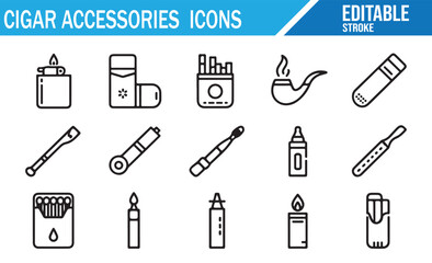 Vector Icons Representing Cigarettes, Pipes, Lighters, and Nicotine