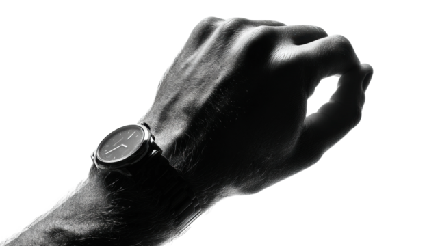 Time management action stylish watch hand in black and white minimalist isolated on transparent background, png