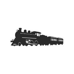 Silhouette of a vintage steam train locomotive with passenger carriages