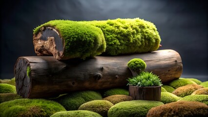 Moss covered logs and stones in a dark forest setting