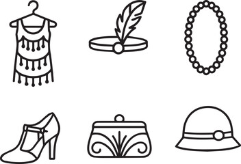 1920s Flapper Fashion Icon Set: 6 Black and White Line Icons Featuring Beaded Dress, Pearl Necklace, and Cloche Hat for Vintage Gatsby Design Projects.