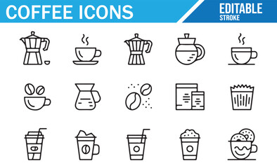 Editable Stroke Coffee Icons for Espresso, Beans, Moka Pot, and Cold Brew
