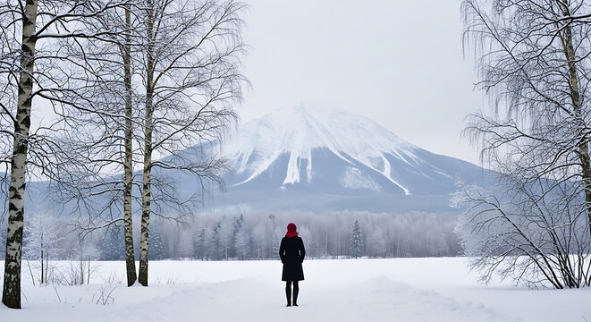 Lone person stands in a snowy forest facing a majestic snow covered mountain