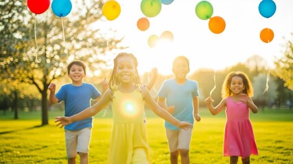 A diverse group of happy and joyful children run and play together in a sunny park with colorful balloons creating a perfect image of a carefree childhood - Powered by Adobe