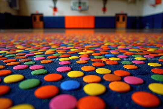 Colorful confetti scattered across the basketball court floor during a festive event celebration in a school gymnasium