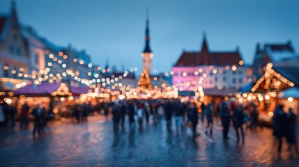 Obraz premium winter holidays and celebration concept blurred christmas market in evening at town hall square in tallinn estonia no logos no brands ar 169