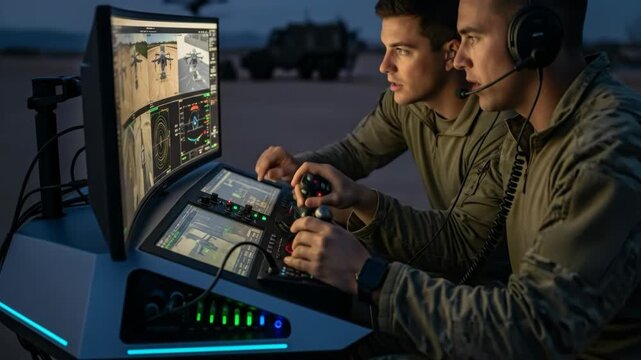 Two focused soldiers operate a military surveillance drone from a high tech ground control station with multiple screens during a mission at dusk