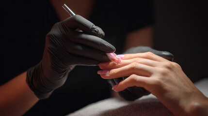 Nail art application with blooming gel beauty salon tutorial cozy environment close-up view modern techniques