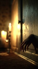 Halloween candlelight creates spooky atmosphere as mysterious hand emerges from dark cabinet evoking fear and suspense in haunted room