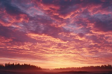 Fototapeta premium Colorful sunrise over forest landscape, showcasing dramatic clouds and serene beauty in the early morning