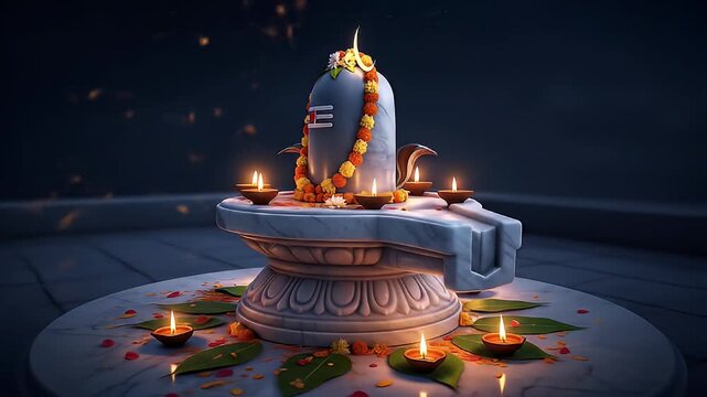 Elegant Stone Shiva Linga Adorned With Flowers And Lights At Night Under Crescent Moon