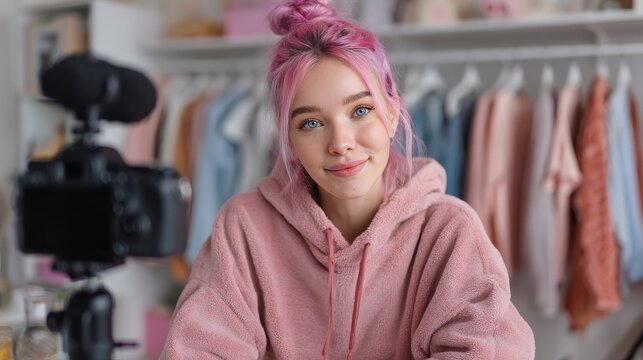 happy hipster gen z teen girl fashion social media channel blogger stylist with pink hair wearing hoodie looking at camera recording vlog video tutorial in front of clothes wardrobe face headshot no 