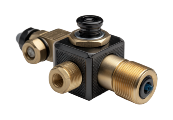 Hydraulic valve component installation industrial workshop product engineering isolated on transparent background, png