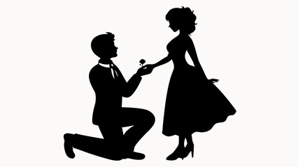 Silhouette of a man proposing to a woman with a flower in his hand on a white background scene