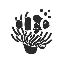 Fototapeta premium Clownfish and anemone silhouette with bubbles on white background