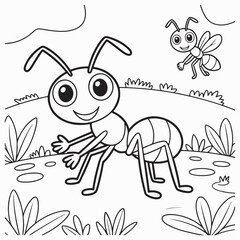 Minimalist outline drawing of a cheerful ant in a meadow surrounded by plants, ideal for coloring pages